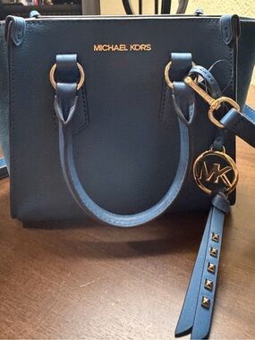 Michael Kors Blue Leather Satchel with Gold Hardware